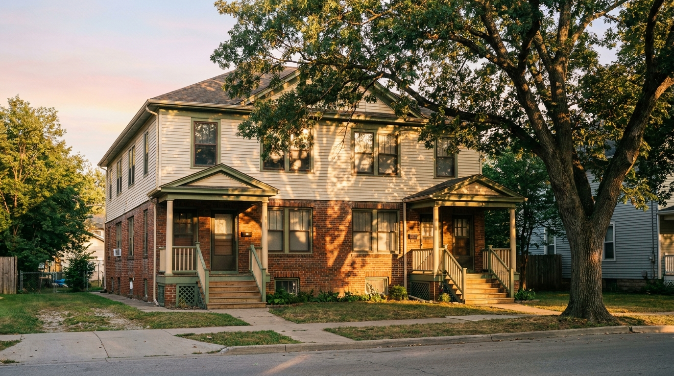 A classic two-flat at golden hour — the kind of building that pays its own mortgage