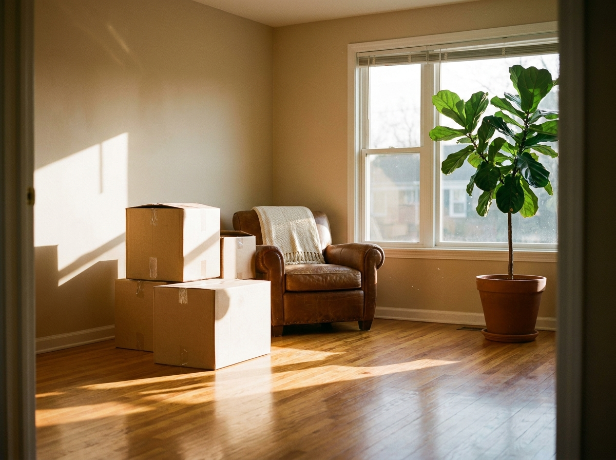 Sunlit living room with moving boxes