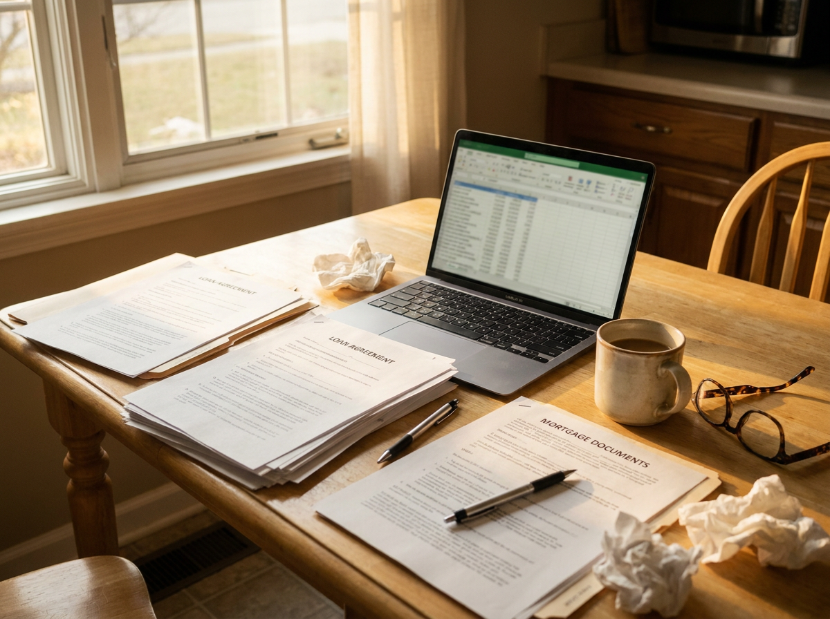 Loan paperwork and coffee on a kitchen table